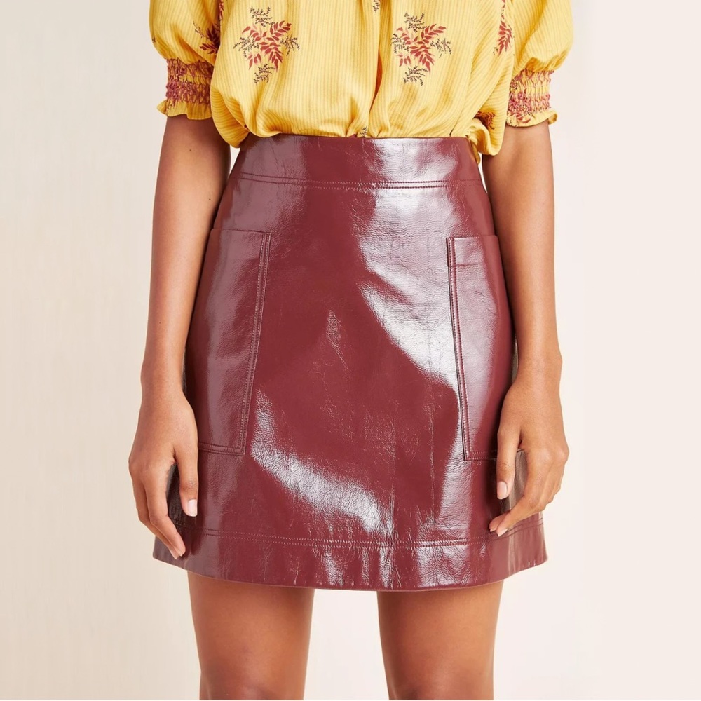 Anthropologie Maeve Faux Patent Leather Skirt in Burgundy
